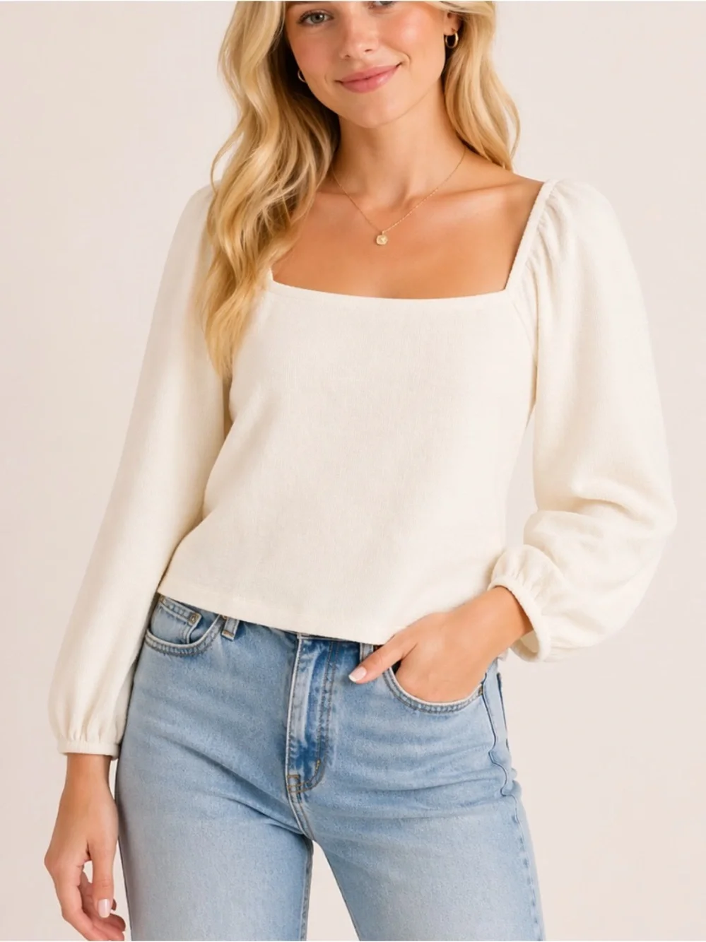 Madewell Antique Cream Crepe Square-Neck Puff-Sleeve Top Size XS 54368
